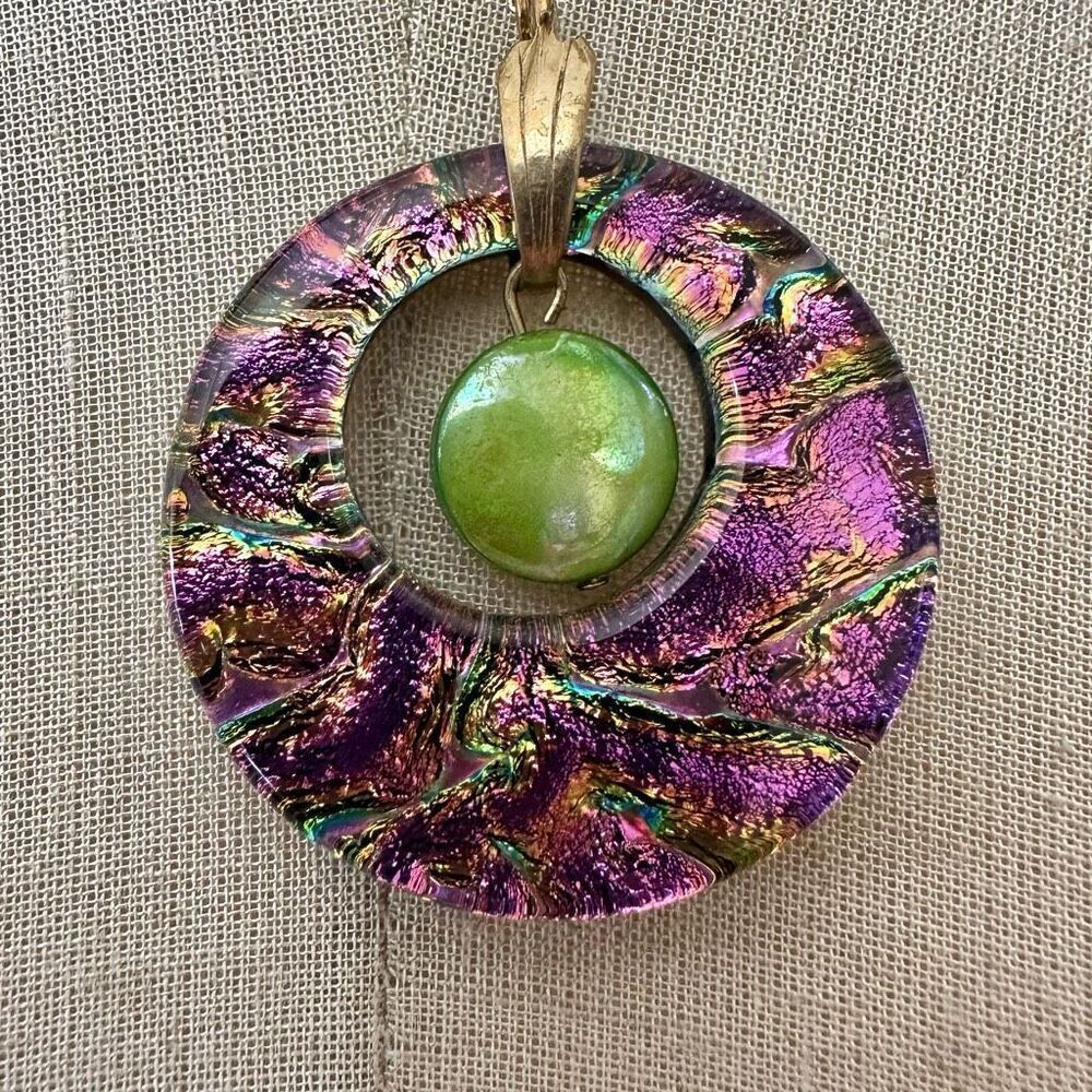 Vintage Dichroic Glass & Dyed Mother of Pearl Pendant Necklace